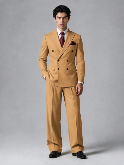 Savile Men's Gold Double-Breasted 2-Piece Suit Set – Peak Lapel Blazer & Pleated Wide-Leg Trousers - Gold - Gold_2