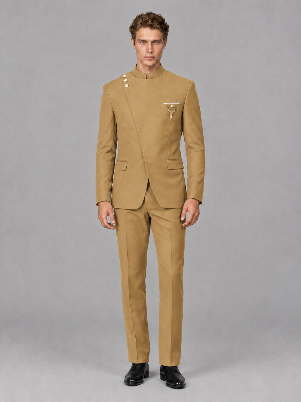 Savile Men's Gold Mandarin Collar Asymmetrical 2-Piece Suit Set – Modern Jacket & Trousers - Gold - Gold_2