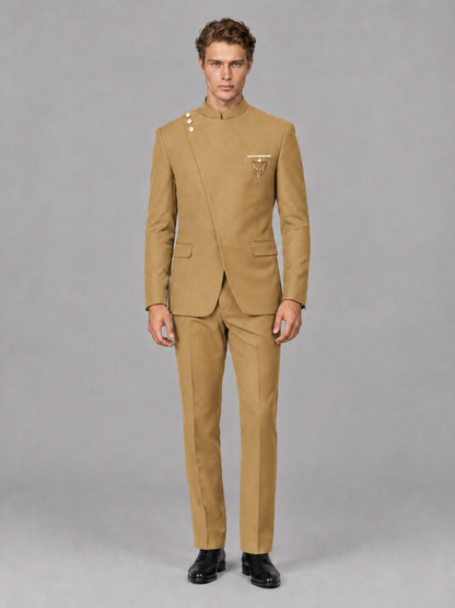 Savile Men's Gold Mandarin Collar Asymmetrical 2-Piece Suit Set – Modern Jacket & Trousers - Gold - Gold_2