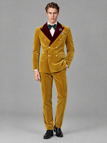 Savile Men's Gold Velvet Double-Breasted 2-Piece Tuxedo Suit with Burgundy Peak Lapel - Gold