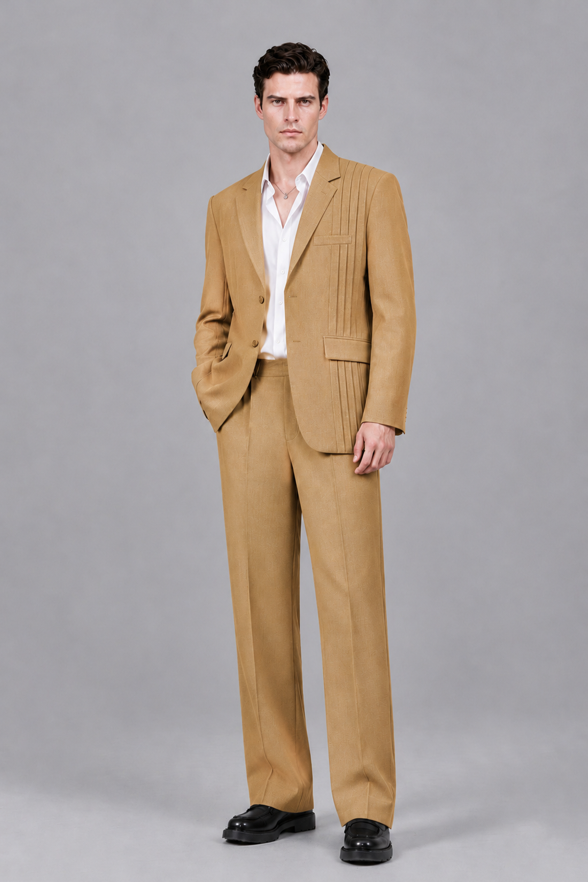 Savile Men's Gold Pleated 2-Piece Suit Set | Notch Lapel Blazer & Tailored Trousers - Gold - Gold_2