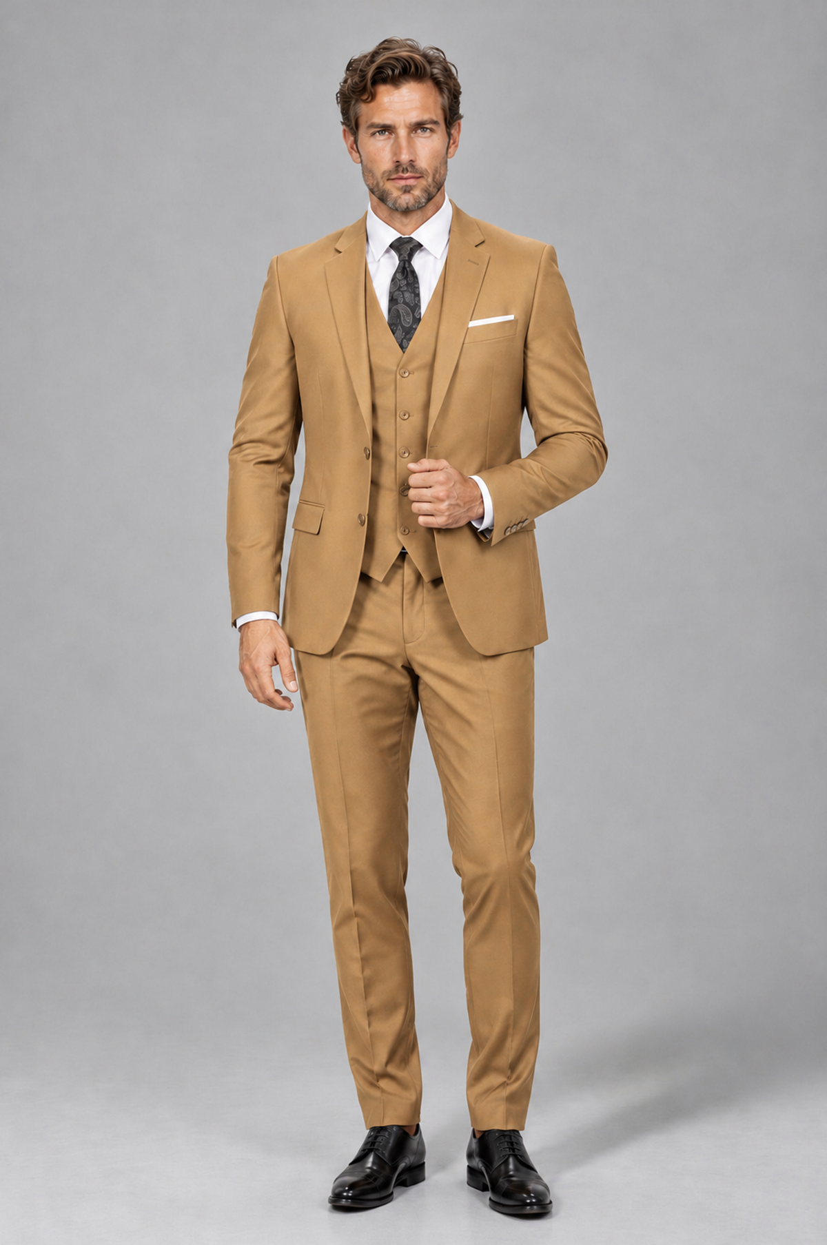 Savile Men's Gold 3-Piece Suit Set – Notch Lapel Blazer, Vest & Trousers - Gold - Gold_2