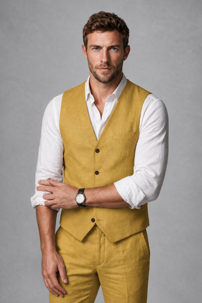 Men's Gold Linen Blend Single-Breasted V-Neck Suit Vest | Savile QX0101 - Gold