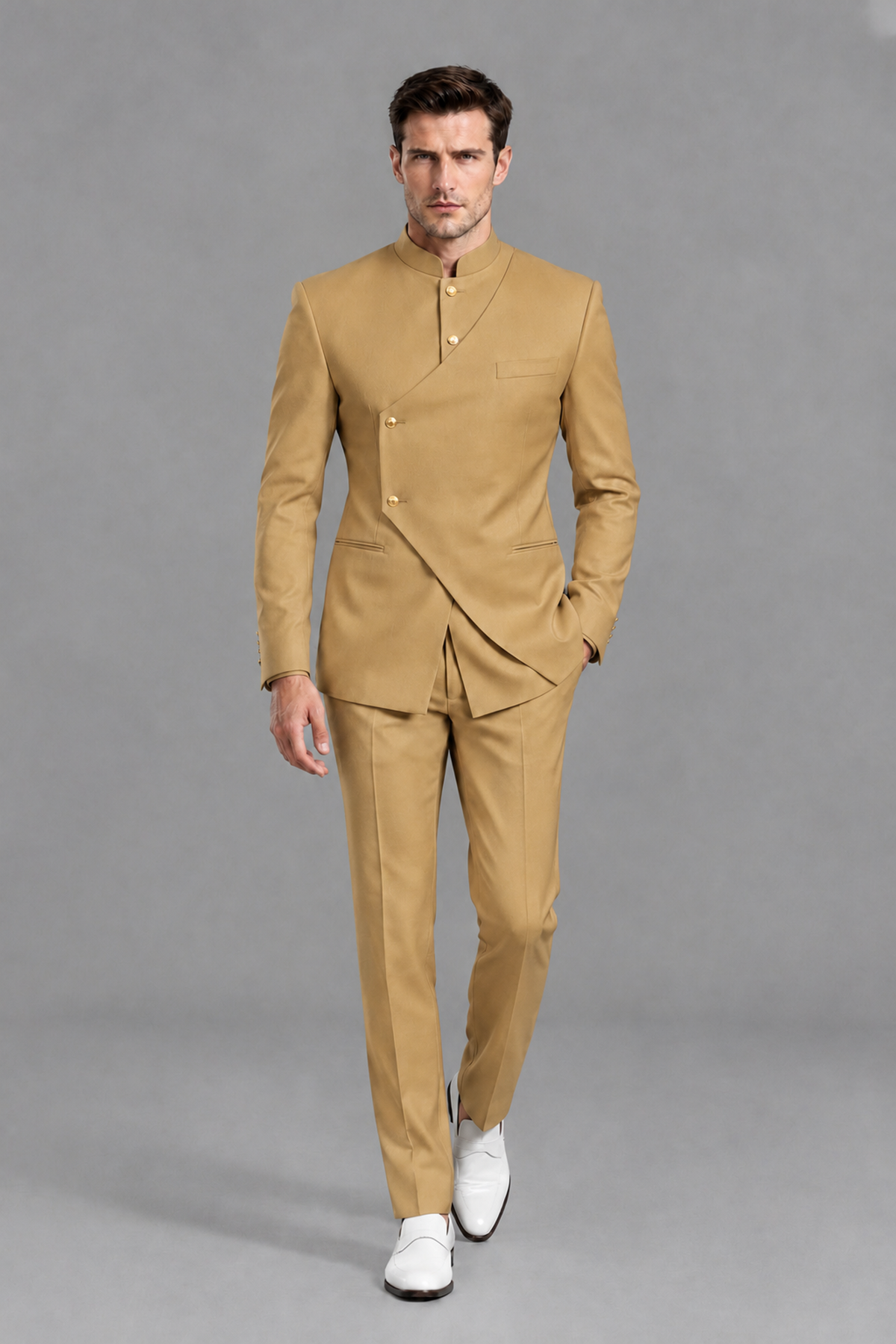 Savile Men's Gold Asymmetrical Mandarin Collar Tuxedo Suit – Modern 2-Piece Gold Button Wedding, Prom & Gala Set - Gold - Gold_2