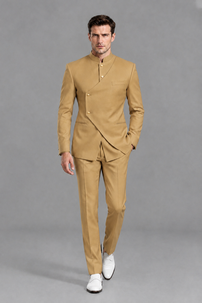 Savile Men's Gold Asymmetrical Mandarin Collar Tuxedo Suit – Modern 2-Piece Gold Button Wedding, Prom & Gala Set - Gold - Gold_2
