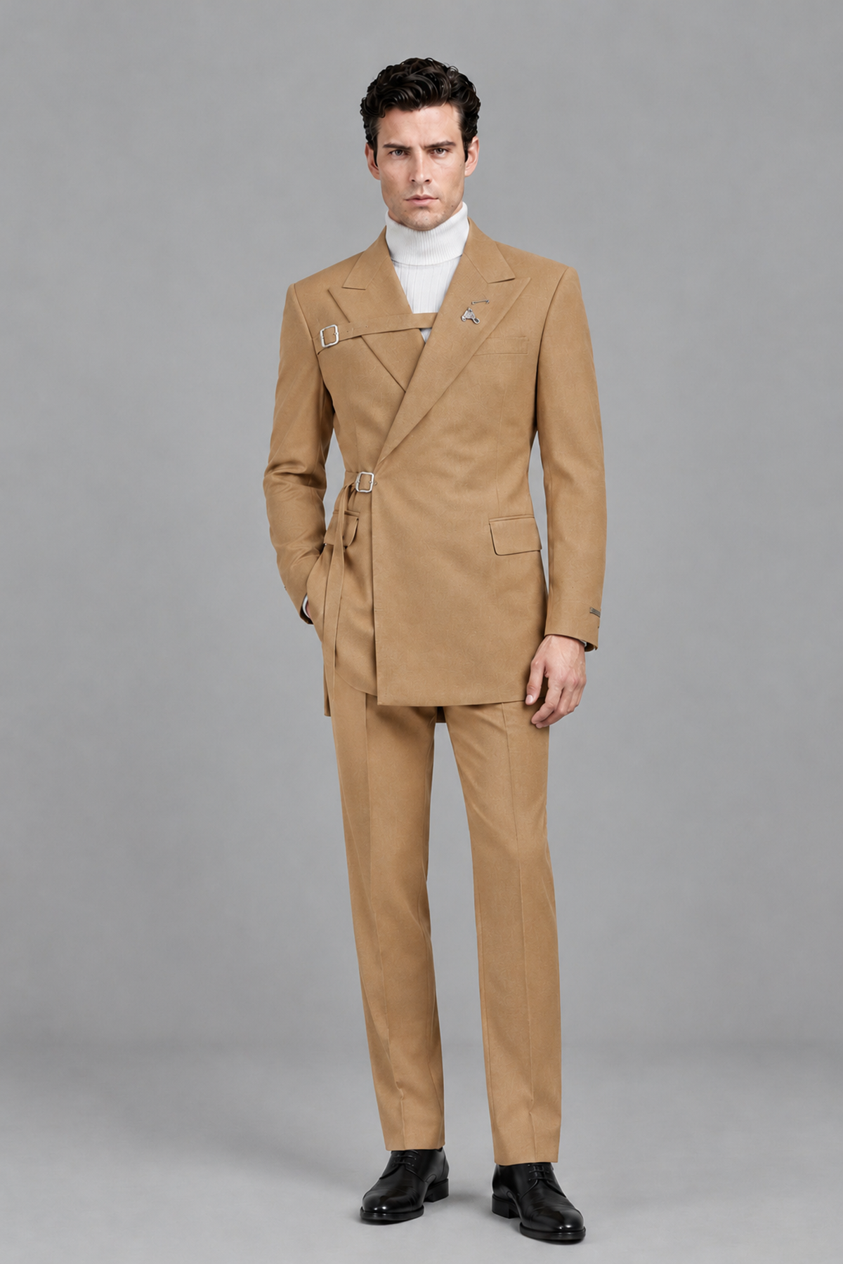 Savile Men's Gold Double Buckle Wrap Belted 2-Piece Suit Set – Peak Lapel Slim-Fit Jacket & Trousers - Gold - Gold_2