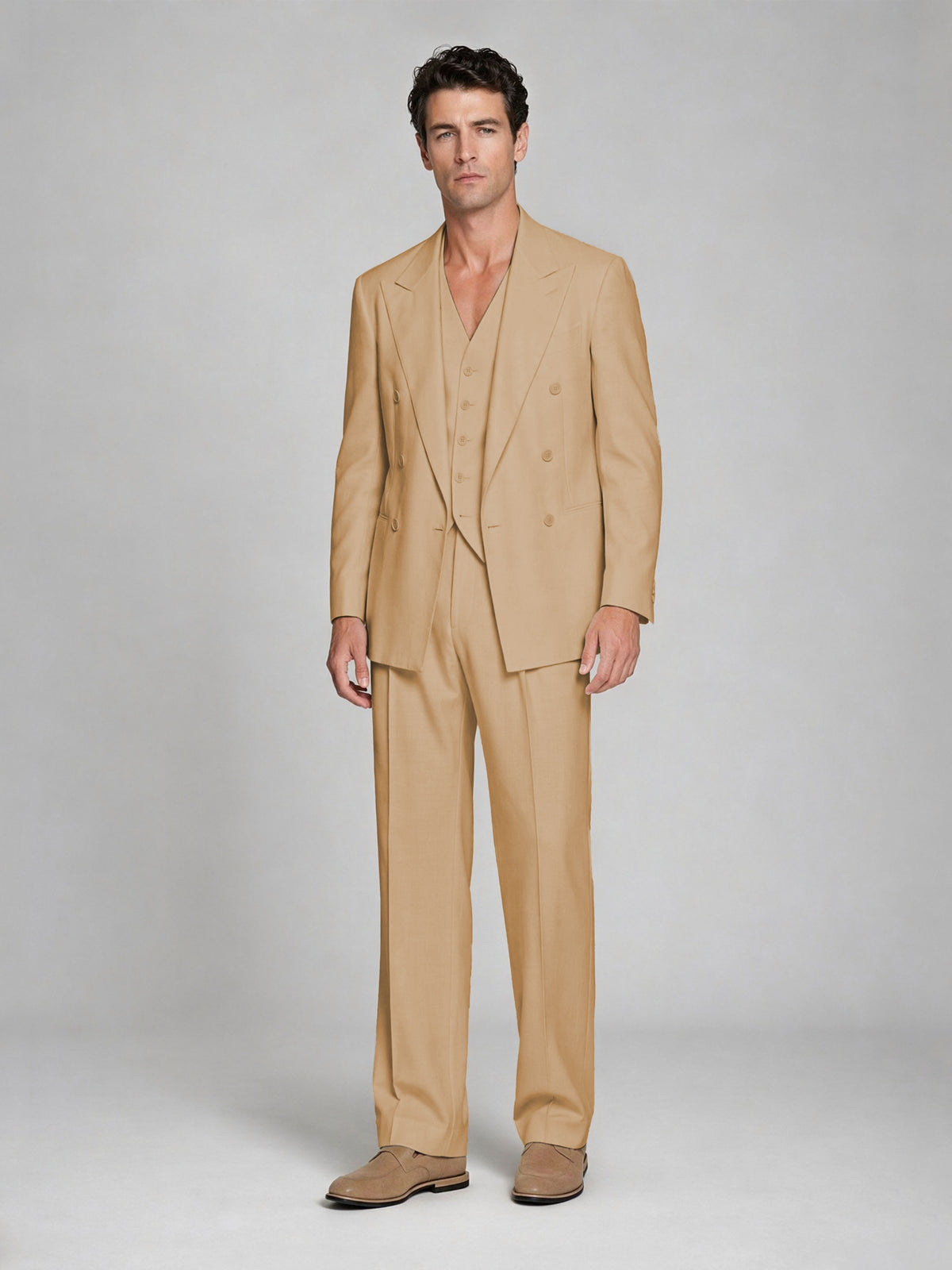 Men's Gold Double-Breasted 2-Piece Suit – Peak Lapel Wedding & Beach Formal Set with Vest - Gold