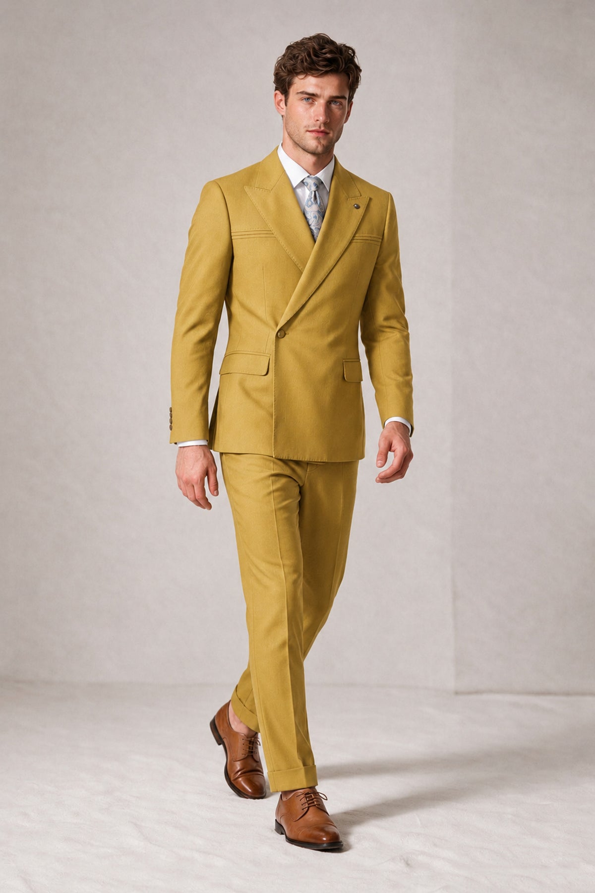 Savile Men's Gold Double-Breasted Slim Fit 2-Piece Suit Set – Peak Lapel Blazer & Cuffed Trousers | Wedding Prom Formal - Gold