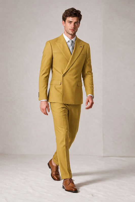 Savile Men's Gold Double-Breasted Slim Fit 2-Piece Suit Set – Peak Lapel Blazer & Cuffed Trousers | Wedding Prom Formal - Gold