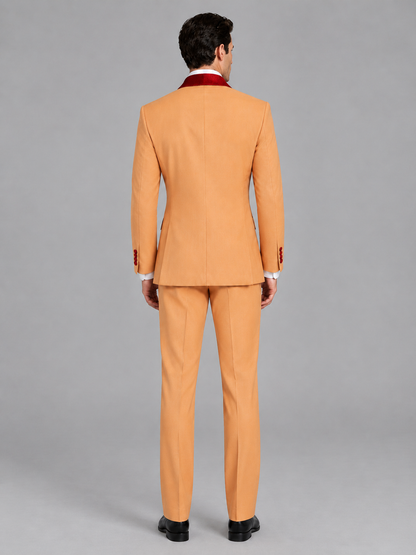 Savile Men's Gold 3-Piece Tuxedo Suit Set – Contrast Red Shawl Lapel Blazer, Red Waistcoat & Trousers - SUC020 - Gold