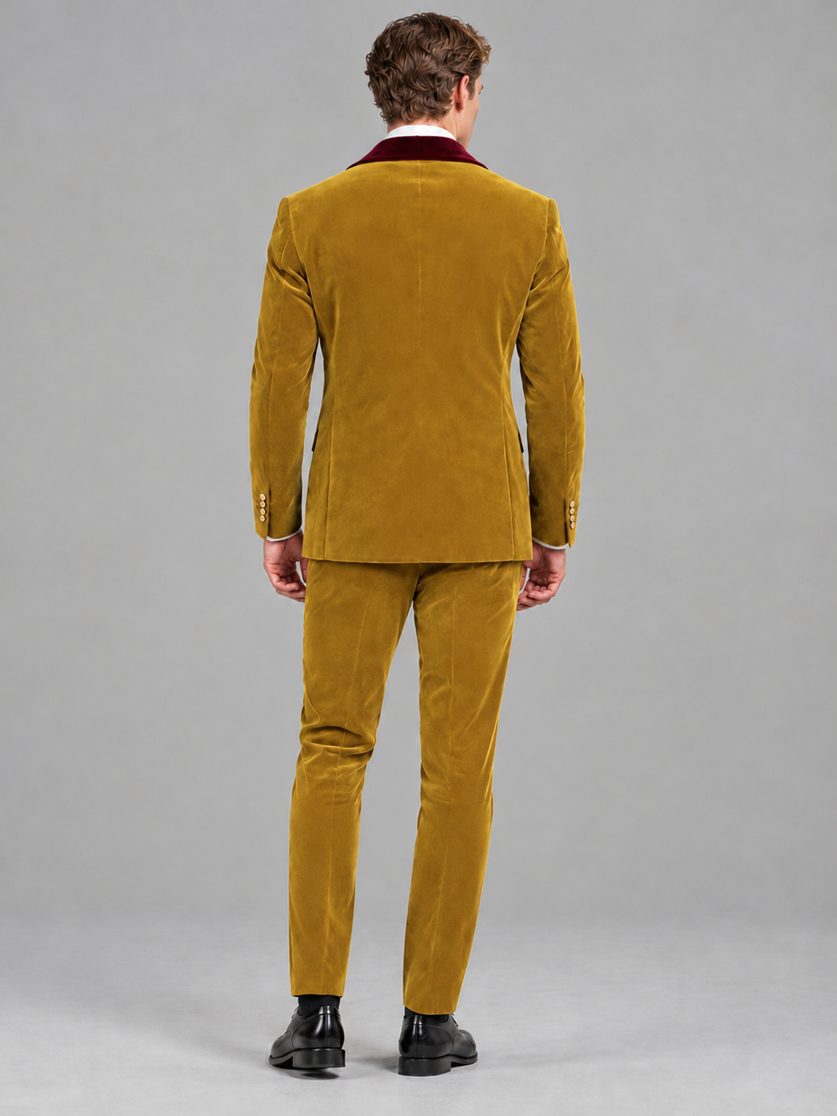 Savile Men's Gold Velvet Double-Breasted 2-Piece Tuxedo Suit with Burgundy Peak Lapel - Gold