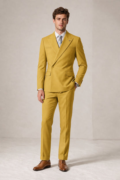 Savile Men's Gold Double-Breasted Slim Fit 2-Piece Suit Set – Peak Lapel Blazer & Cuffed Trousers | Wedding Prom Formal - Gold