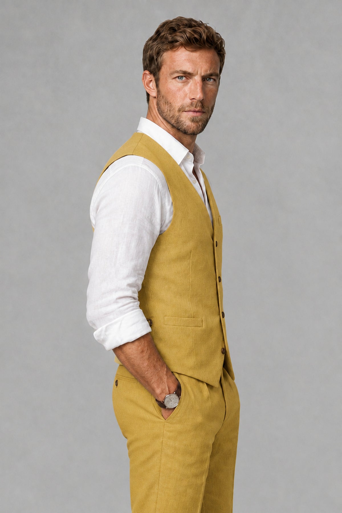 Men's Gold Linen Blend Single-Breasted V-Neck Suit Vest | Savile QX0101 - Gold