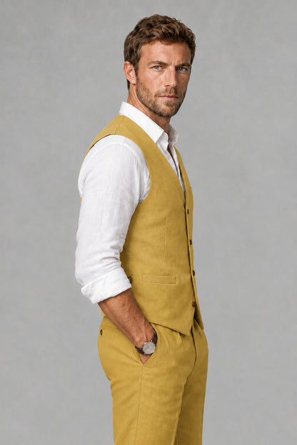 Men's Gold Linen Blend Single-Breasted V-Neck Suit Vest | Savile QX0101 - Gold