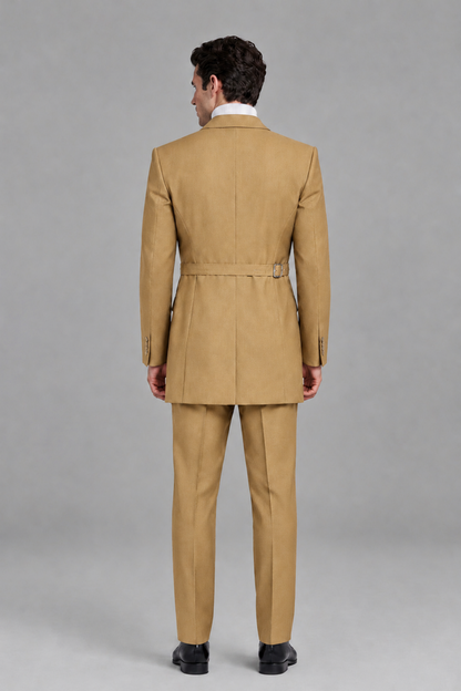 Savile Men's Gold Double Buckle Wrap Belted 2-Piece Suit Set – Peak Lapel Slim-Fit Jacket & Trousers - Gold - Gold_3