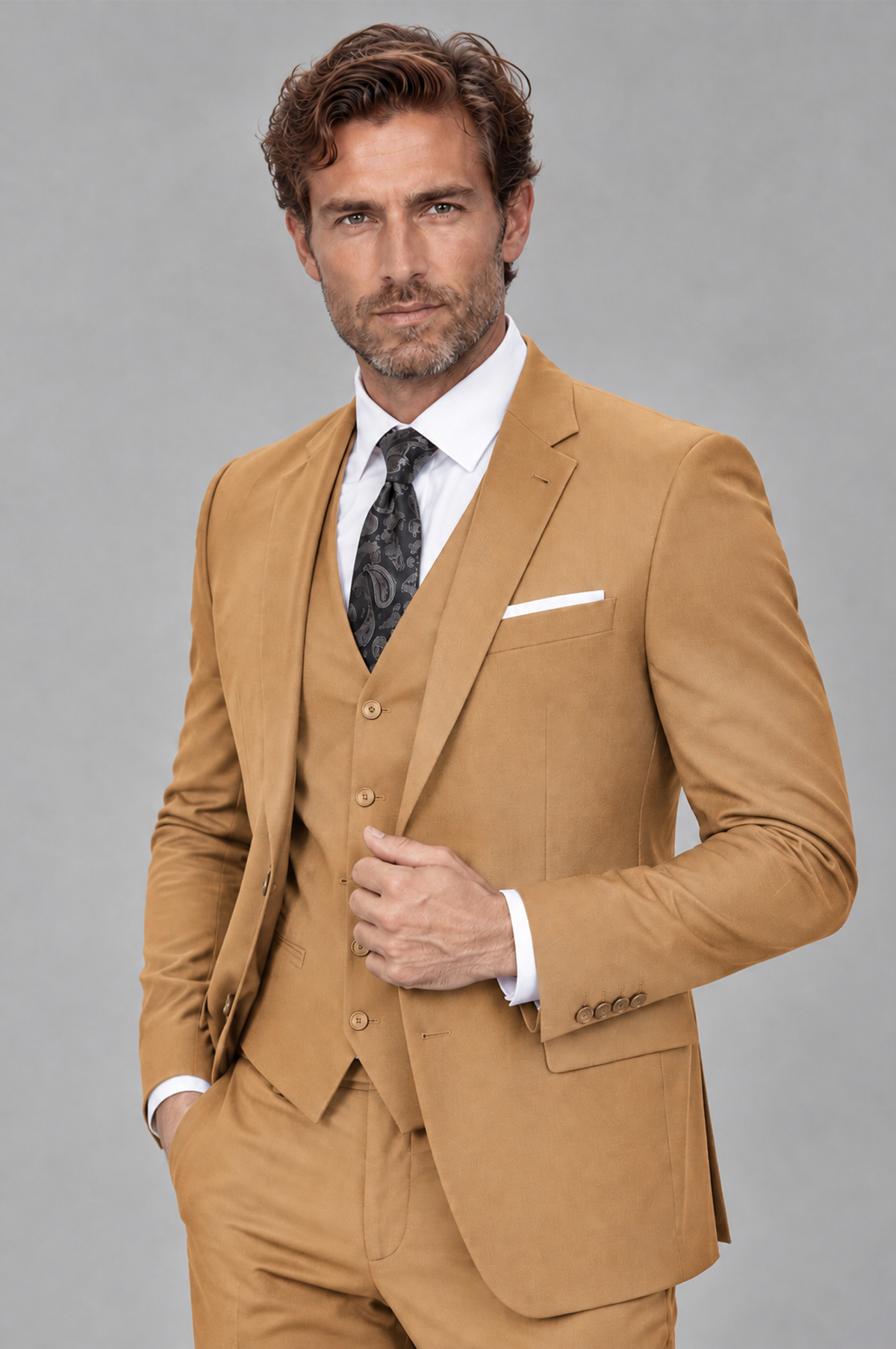 Savile Men's Gold 3-Piece Suit Set – Notch Lapel Blazer, Vest & Trousers - Gold - Gold_3