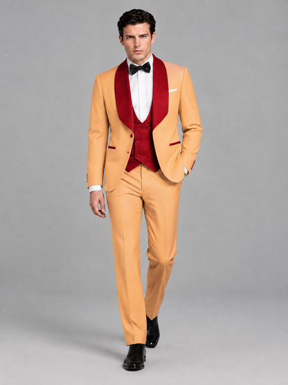 Savile Men's Gold 3-Piece Tuxedo Suit Set – Contrast Red Shawl Lapel Blazer, Red Waistcoat & Trousers - SUC020 - Gold