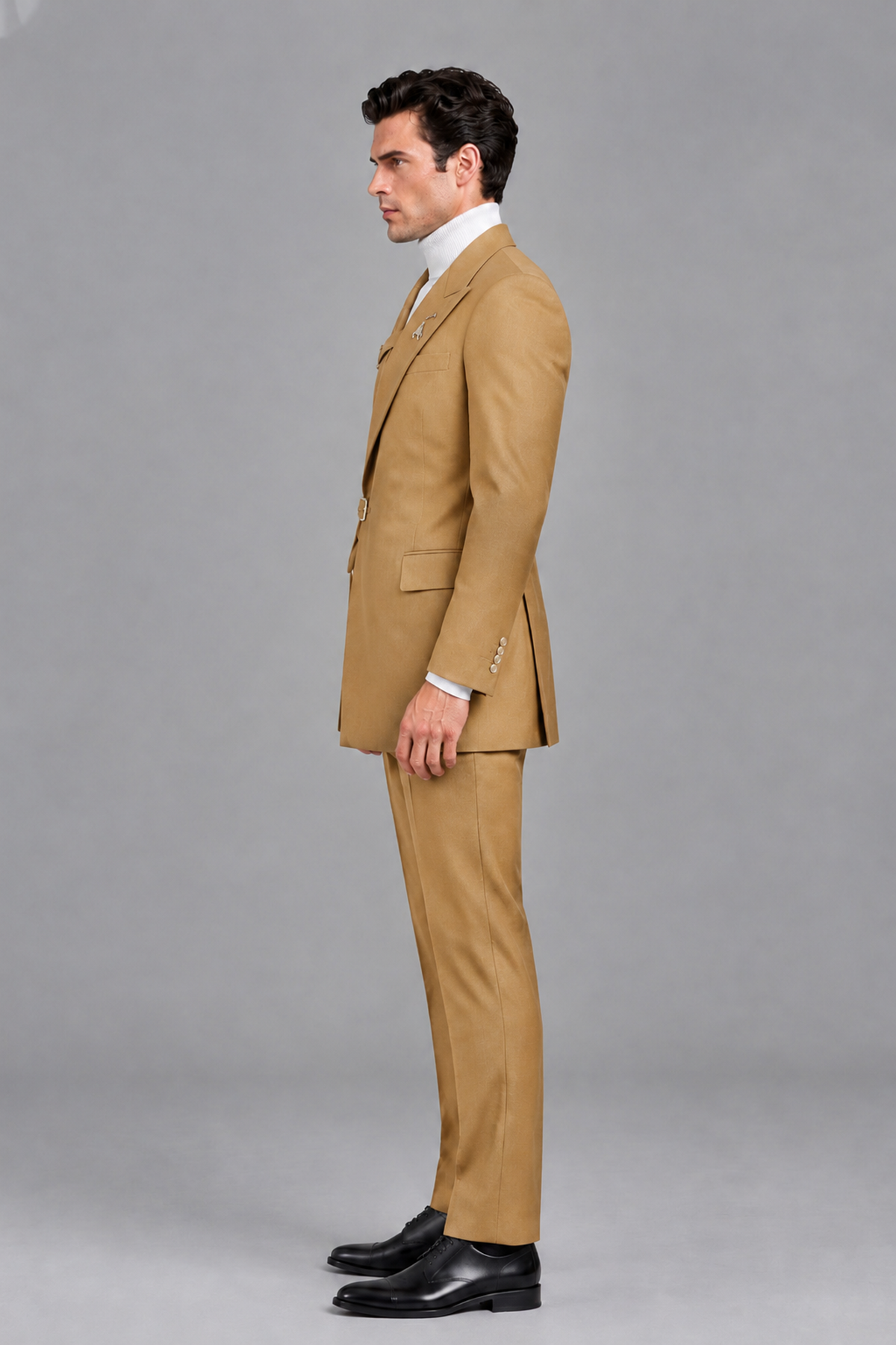 Savile Men's Gold Double Buckle Wrap Belted 2-Piece Suit Set – Peak Lapel Slim-Fit Jacket & Trousers - Gold - Gold_4