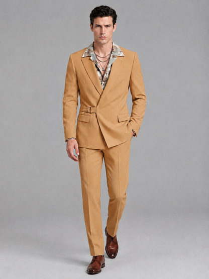 Savile Men's Gold Belted Wrap 2-Piece Suit – Peak Lapel Blazer & Tailored Trousers - SUC060 - Gold - Gold_4