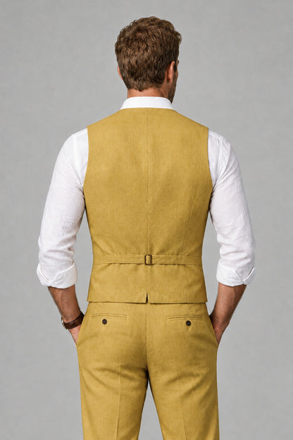 Men's Gold Linen Blend Single-Breasted V-Neck Suit Vest | Savile QX0101 - Gold
