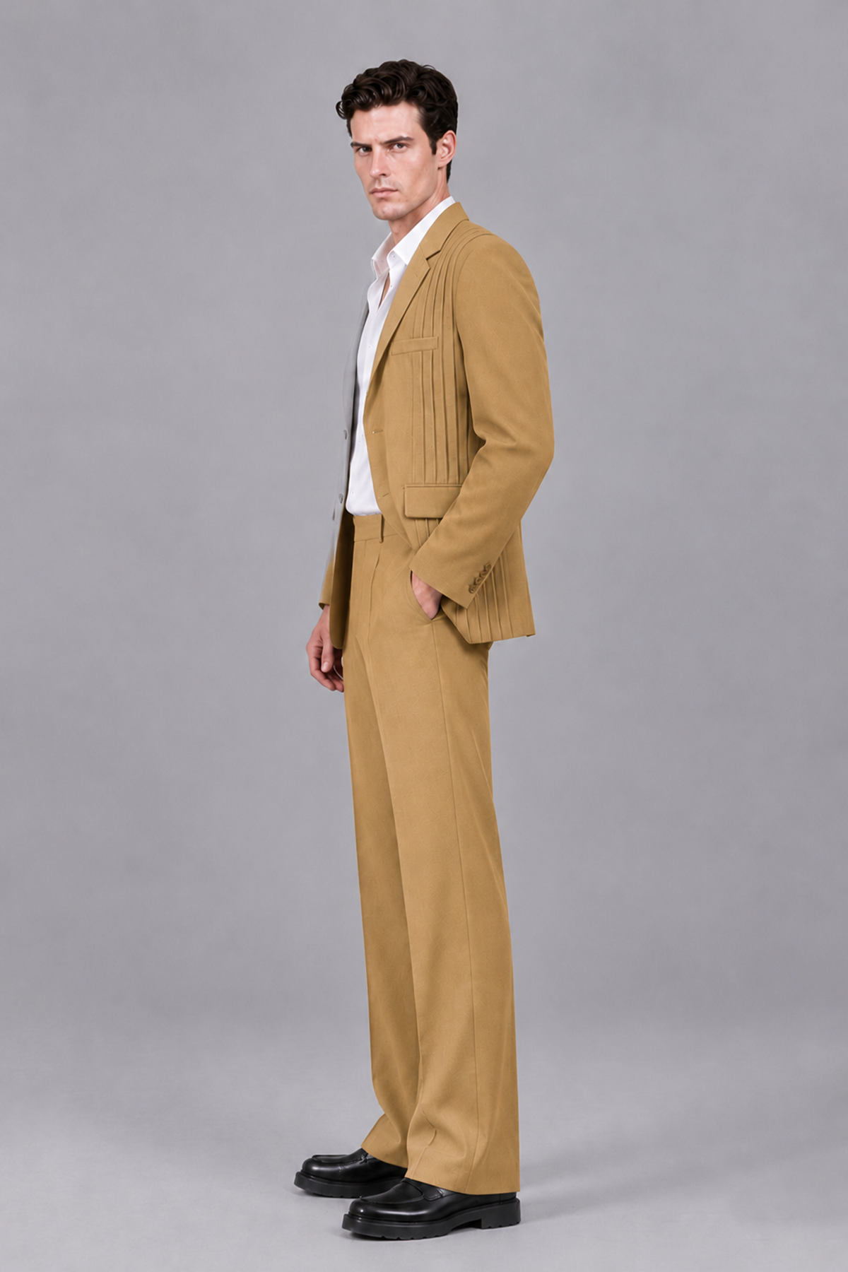 Savile Men's Gold Pleated 2-Piece Suit Set | Notch Lapel Blazer & Tailored Trousers - Gold - Gold_4