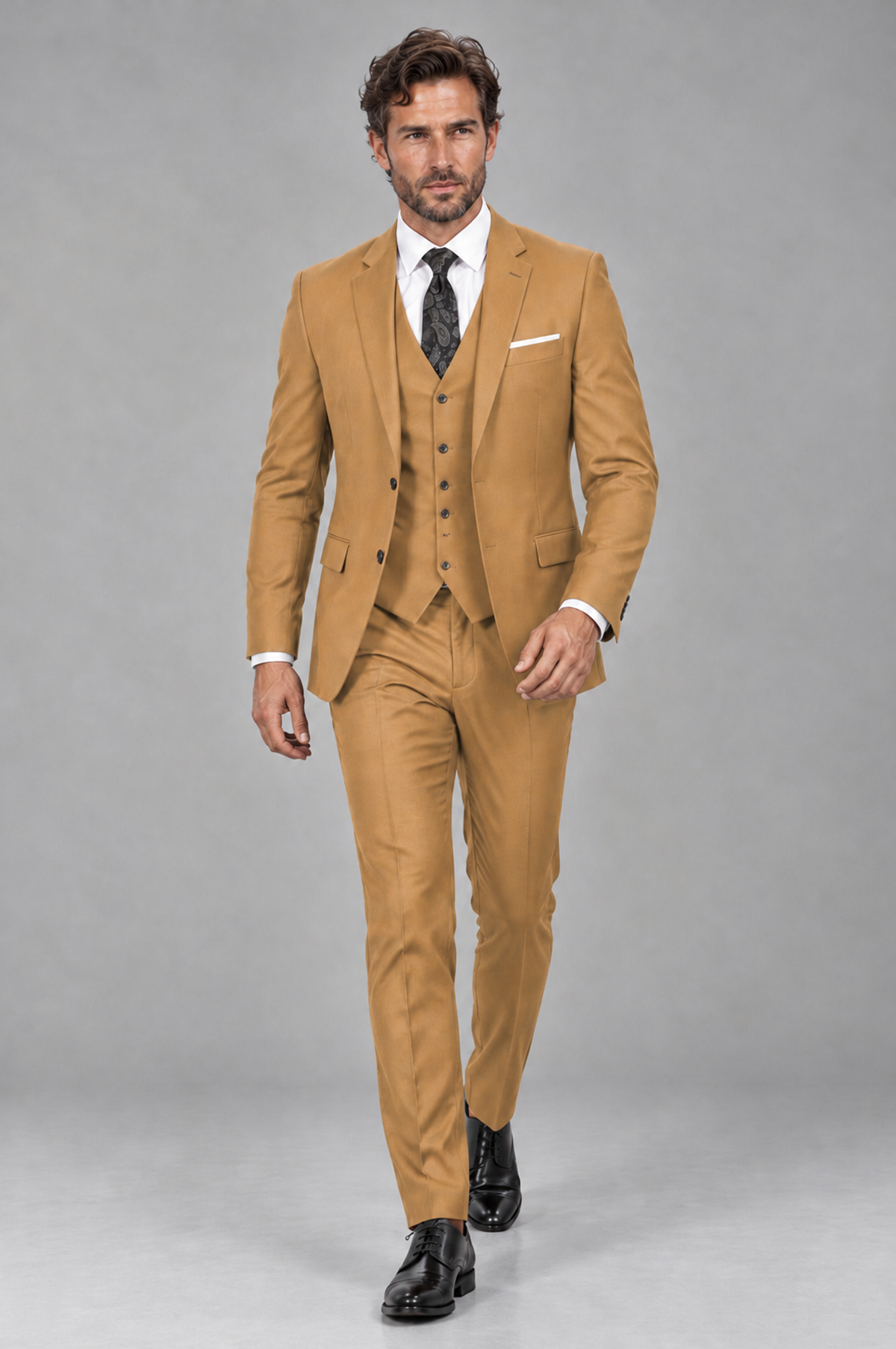 Savile Men's Gold 3-Piece Suit Set – Notch Lapel Blazer, Vest & Trousers - Gold - Gold_4