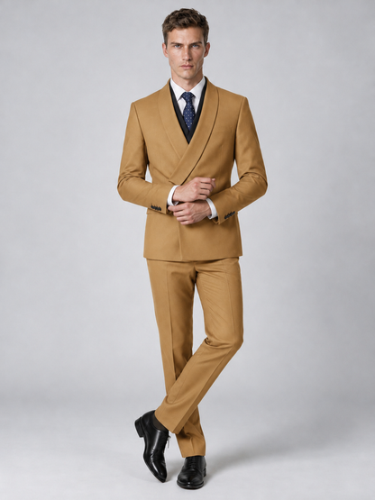Savile Men's Gold Wrap Shawl Lapel 2-Piece Suit Set – Modern Jacket & Trousers - Gold - Gold_4