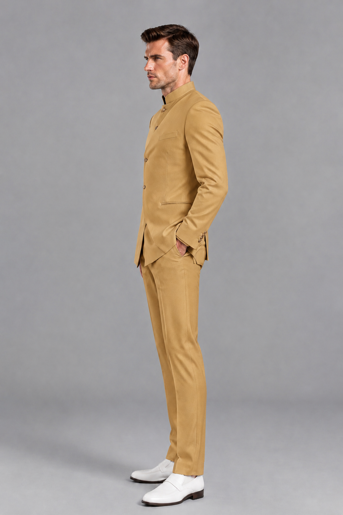 Savile Men's Gold Asymmetrical Mandarin Collar Tuxedo Suit – Modern 2-Piece Gold Button Wedding, Prom & Gala Set - Gold - Gold_4