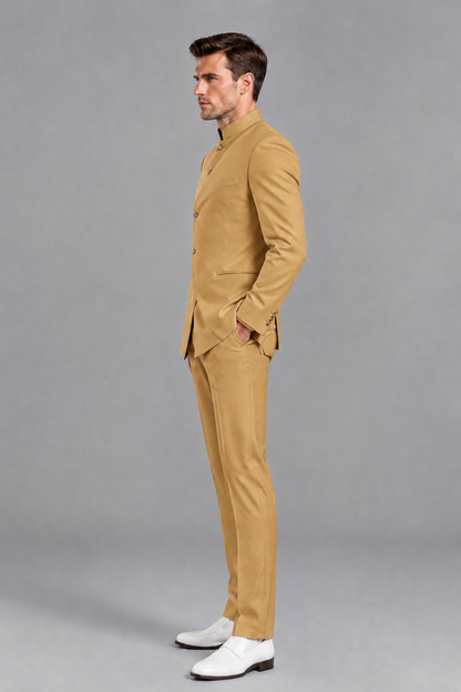 Savile Men's Gold Asymmetrical Mandarin Collar Tuxedo Suit – Modern 2-Piece Gold Button Wedding, Prom & Gala Set - Gold - Gold_4