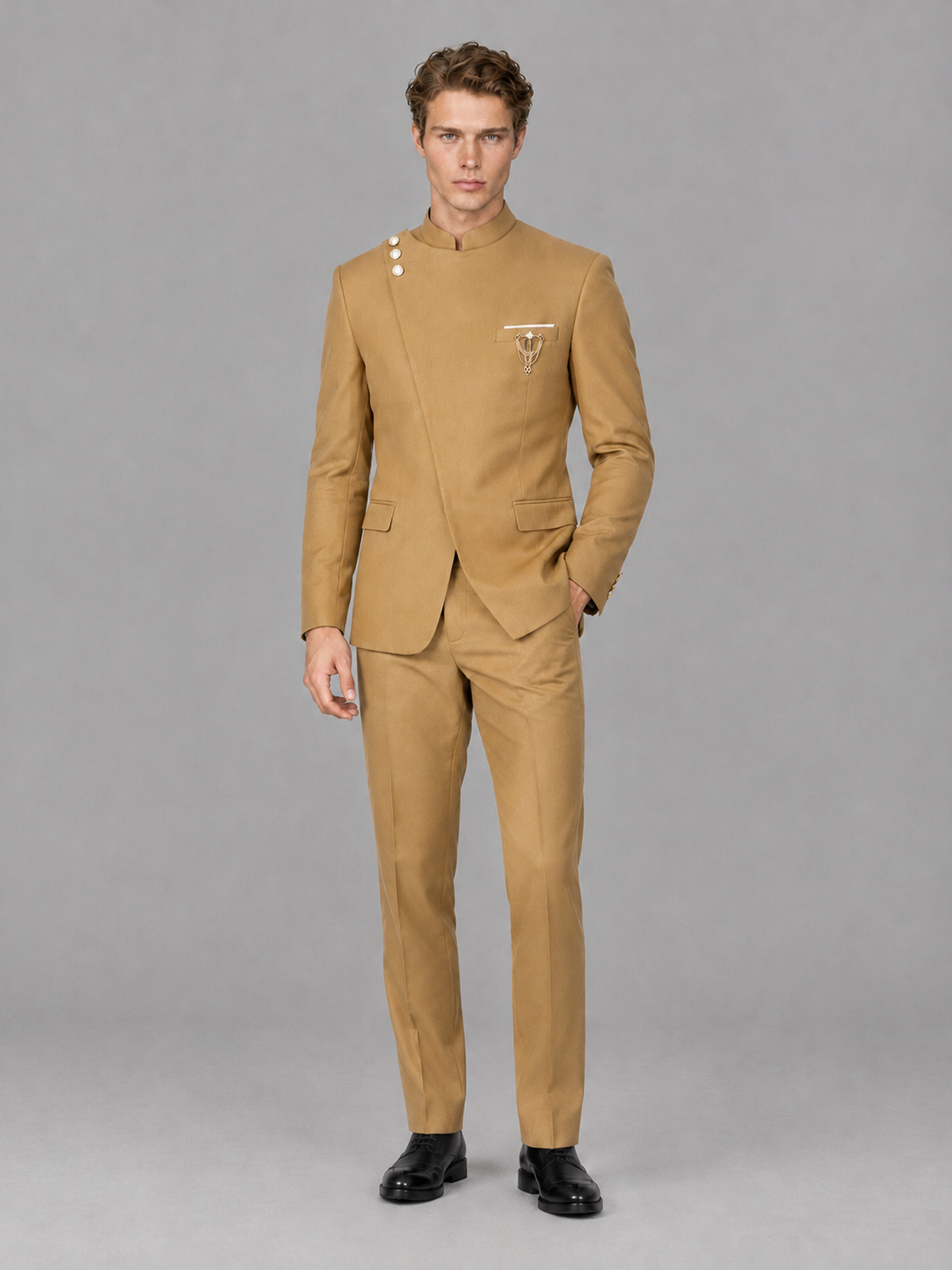 Savile Men's Gold Mandarin Collar Asymmetrical 2-Piece Suit Set – Modern Jacket & Trousers - Gold - Gold_4