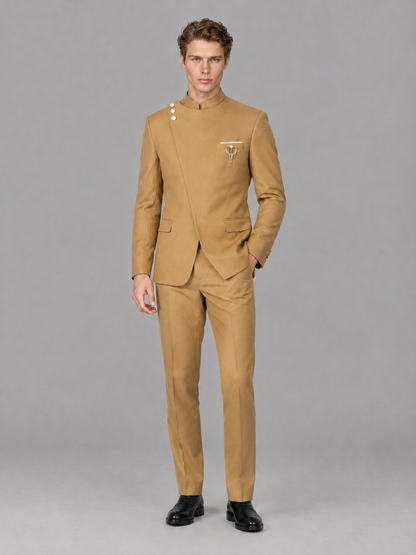 Savile Men's Gold Mandarin Collar Asymmetrical 2-Piece Suit Set – Modern Jacket & Trousers - Gold - Gold_4