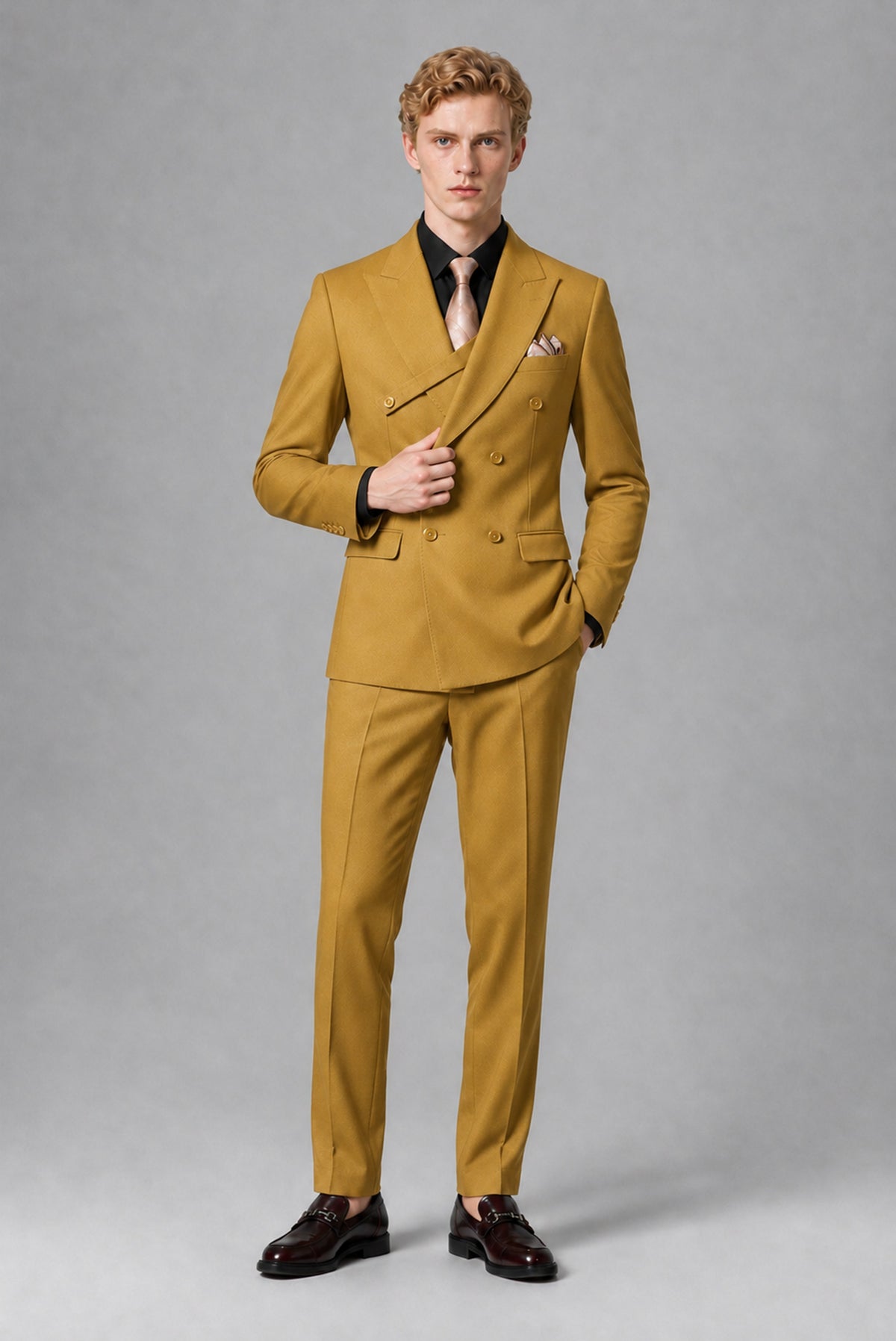 Savile Men's Gold Double-Breasted Two-Piece Suit - Gold
