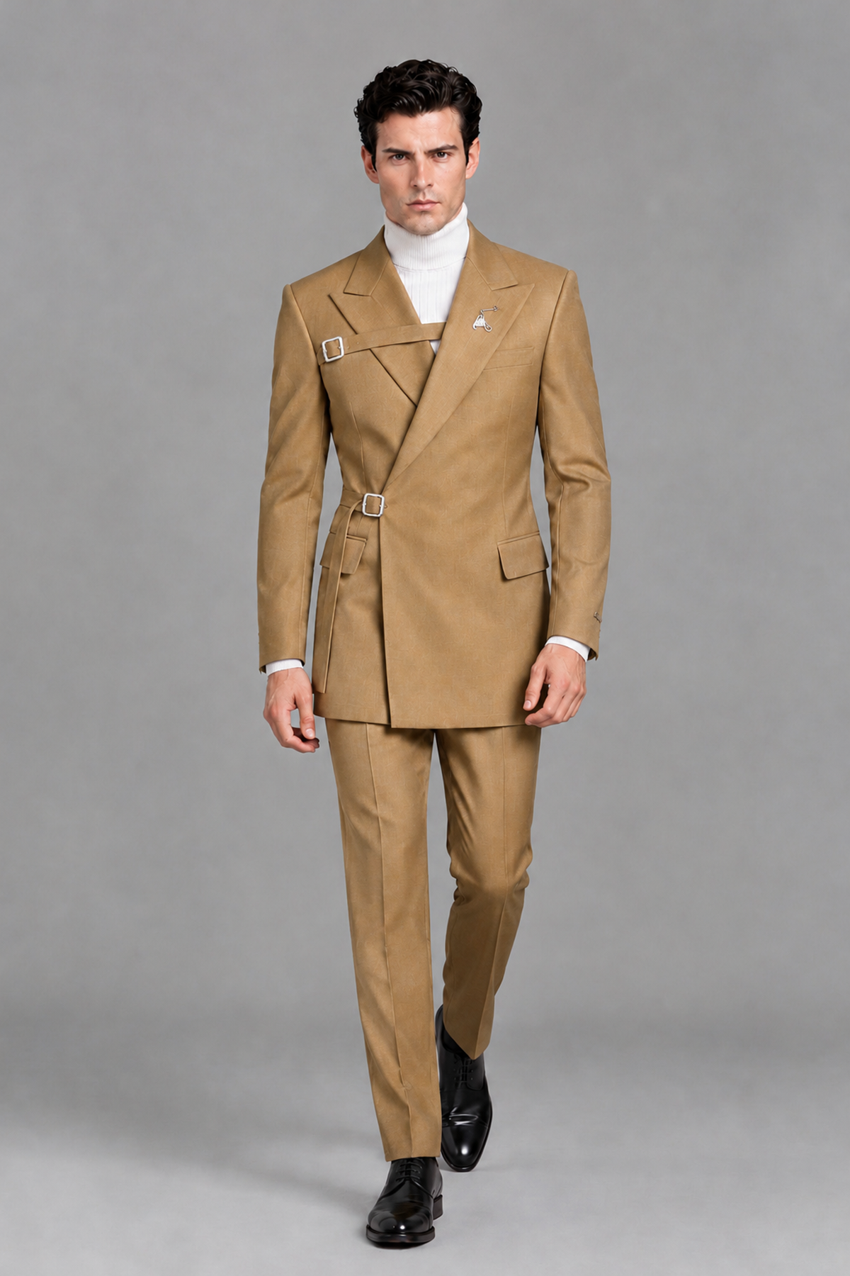 Savile Men's Gold Double Buckle Wrap Belted 2-Piece Suit Set – Peak Lapel Slim-Fit Jacket & Trousers - Gold - Gold_5
