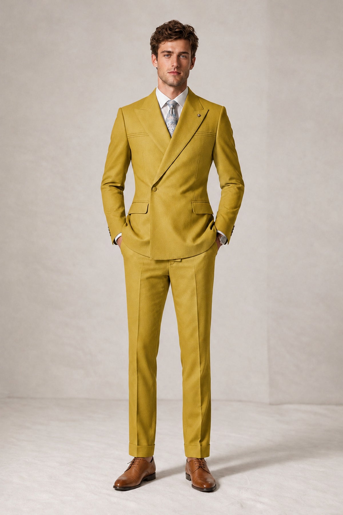 Savile Men's Gold Double-Breasted Slim Fit 2-Piece Suit Set – Peak Lapel Blazer & Cuffed Trousers | Wedding Prom Formal - Gold