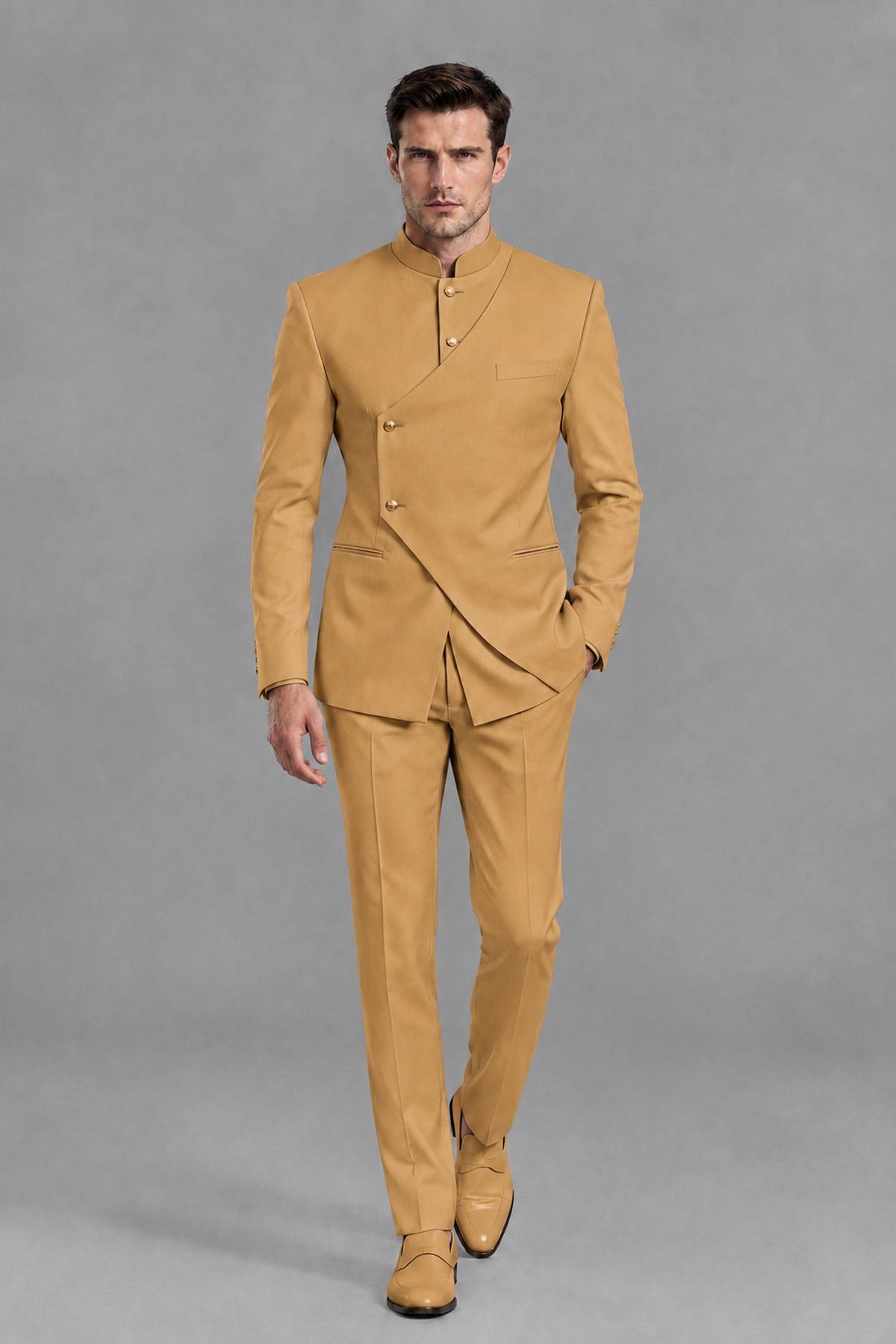 Savile Men's Gold Asymmetrical Mandarin Collar Tuxedo Suit – Modern 2-Piece Gold Button Wedding, Prom & Gala Set - Gold - Gold_5