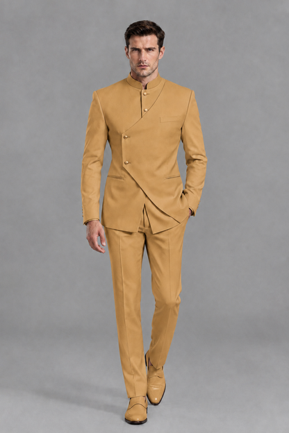 Savile Men's Gold Asymmetrical Mandarin Collar Tuxedo Suit – Modern 2-Piece Gold Button Wedding, Prom & Gala Set - Gold - Gold_5