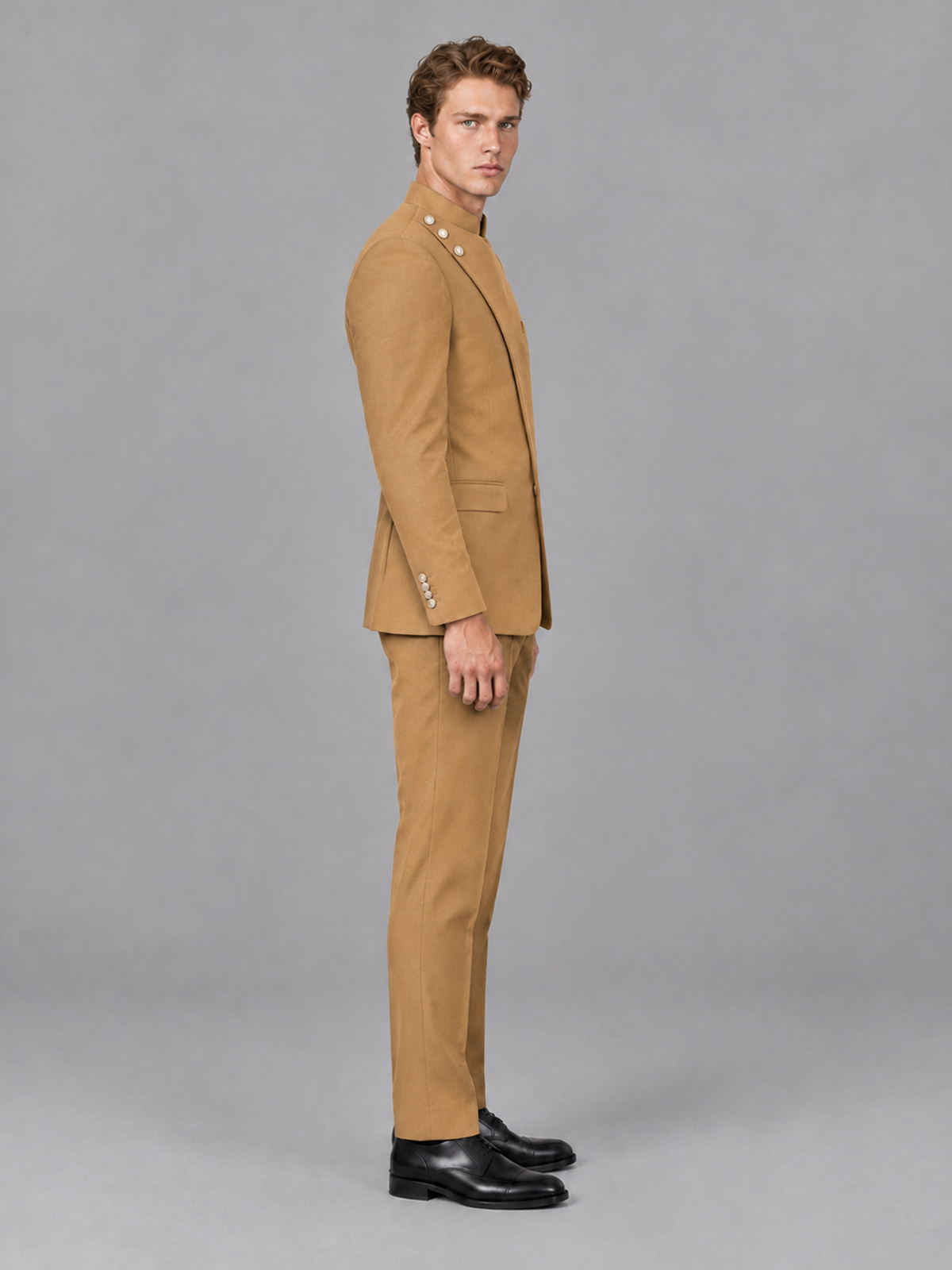 Savile Men's Gold Mandarin Collar Asymmetrical 2-Piece Suit Set – Modern Jacket & Trousers - Gold - Gold_5