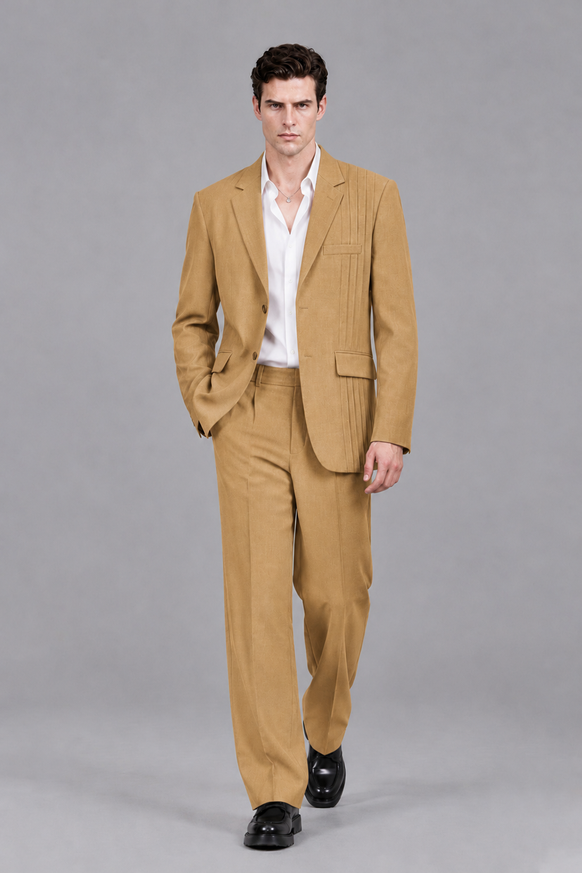 Savile Men's Gold Pleated 2-Piece Suit Set | Notch Lapel Blazer & Tailored Trousers - Gold - Gold_5