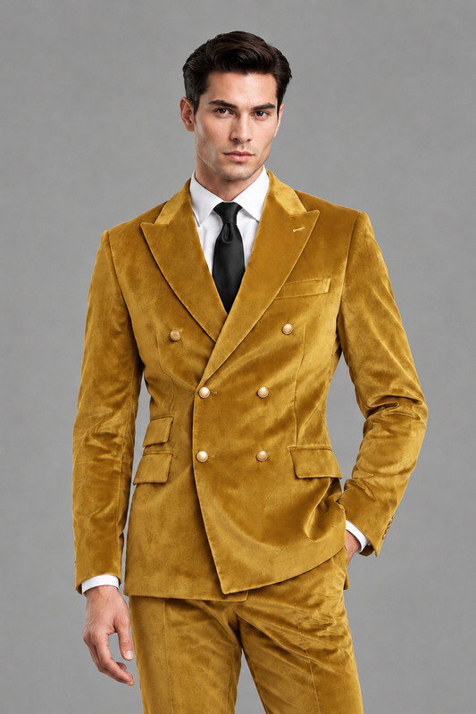 Savile Men's Gold Velvet Double-Breasted 2-Piece Suit Set | Peak Lapel Blazer & Trousers - Gold