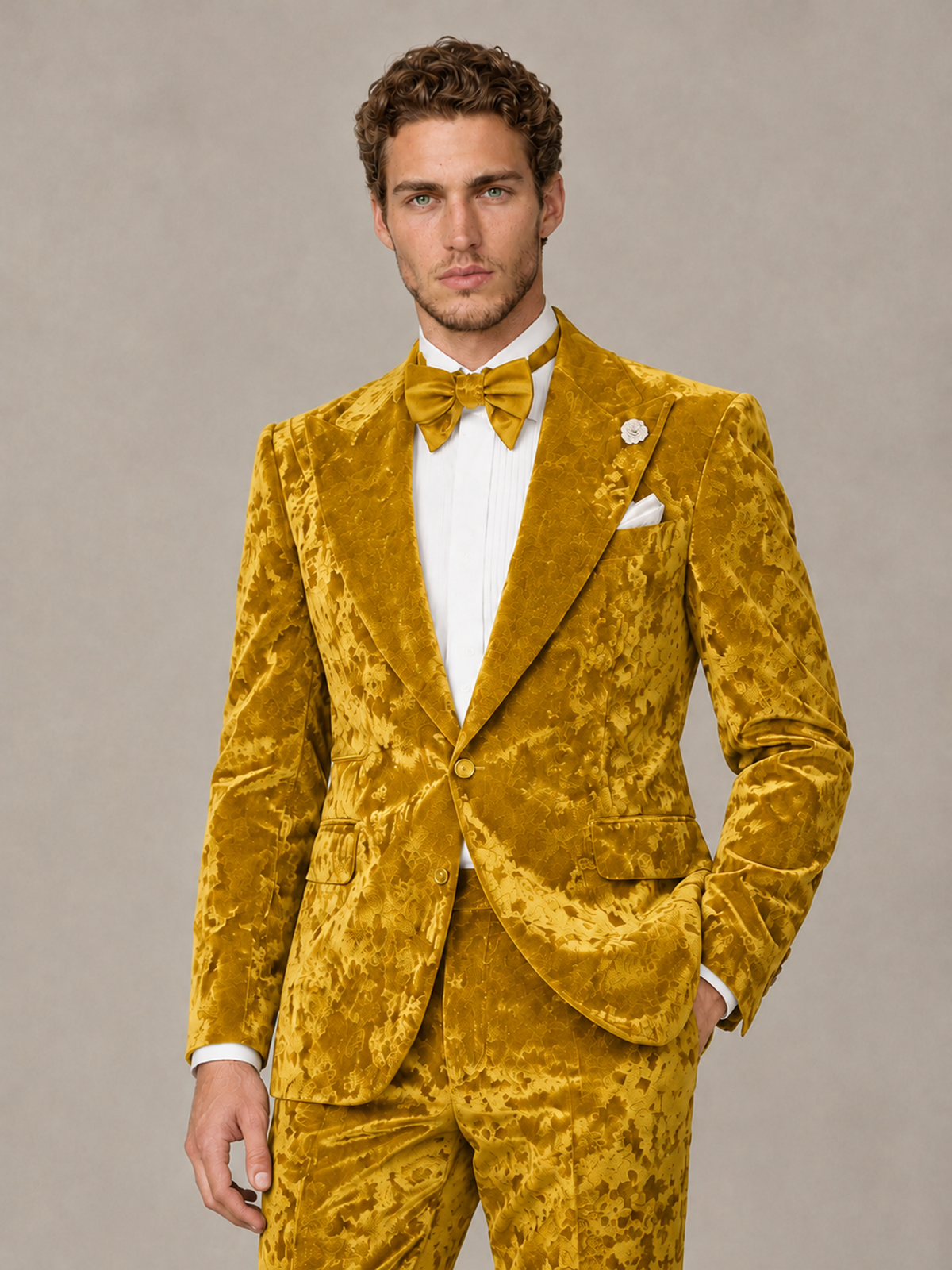 Savile Men's Gold Crushed Velvet Peak Lapel 2-Piece Suit Set | Jacket & Trousers - Gold - Gold (1)