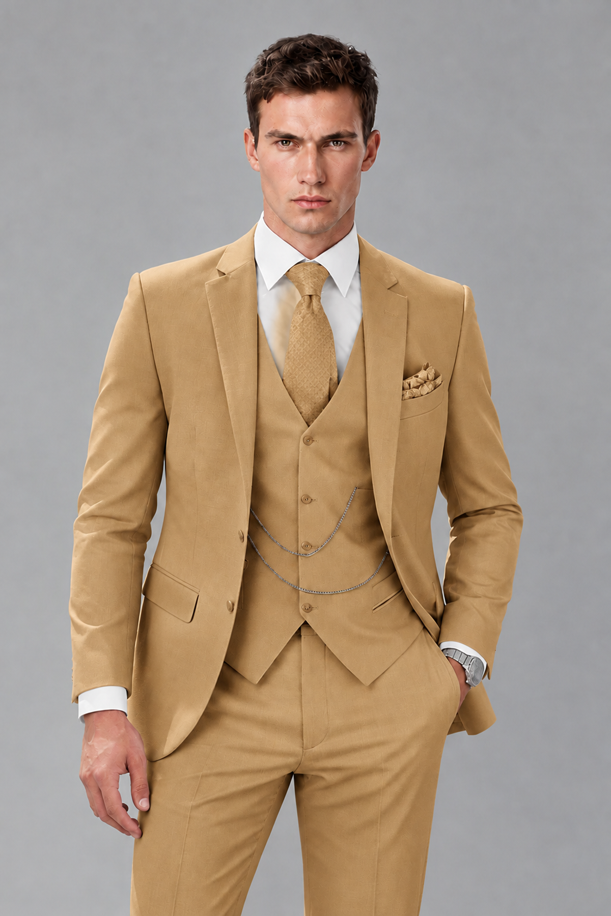Savile Gold 3-Piece Suit with Notch Lapel & Chain Vest - Gold