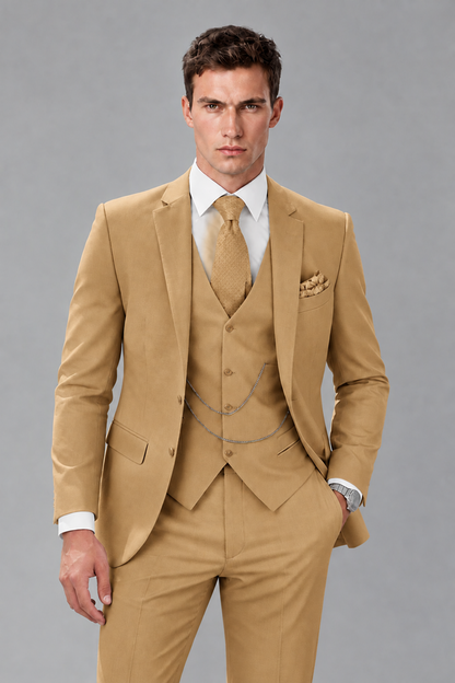 Savile Gold 3-Piece Suit with Notch Lapel & Chain Vest - Gold