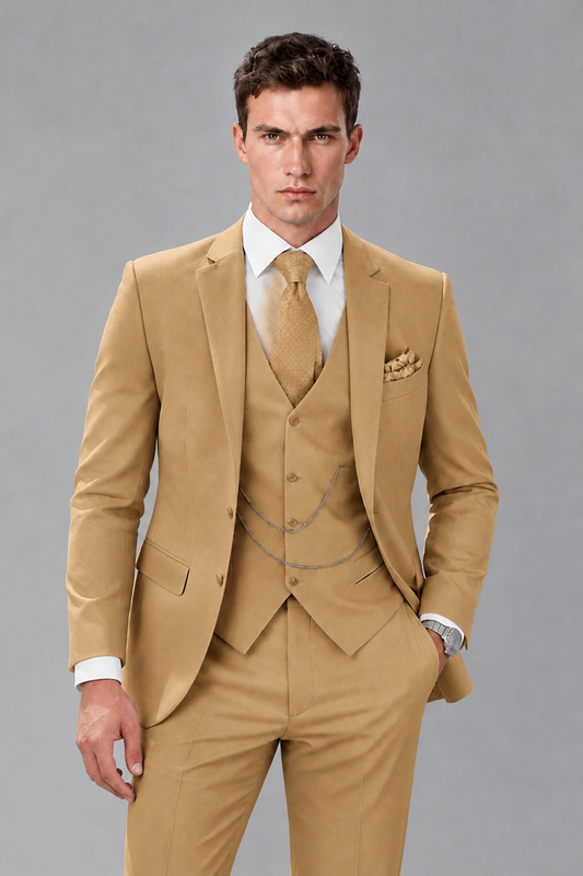 Savile Gold 3-Piece Suit with Notch Lapel & Chain Vest - Gold