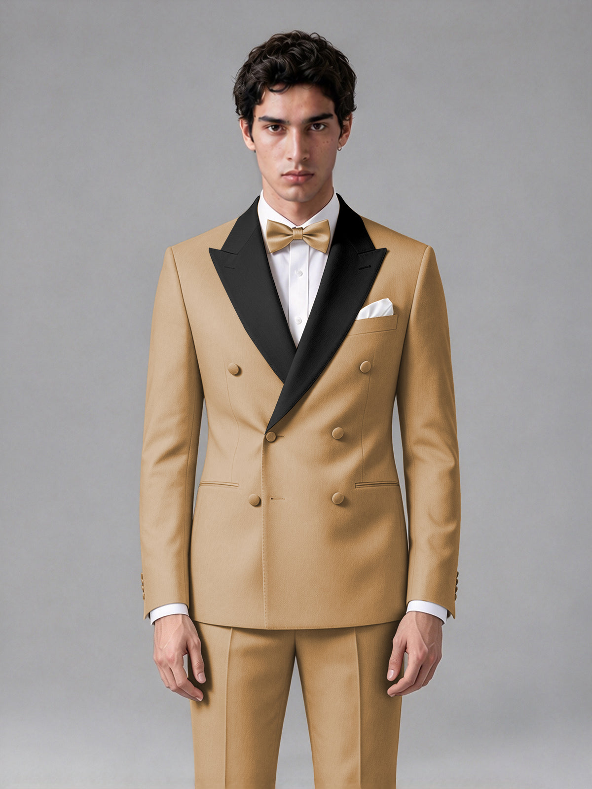 Men's Gold Double-Breasted Satin Peak Lapel Tuxedo Suit Set (Jacket + Trousers) - Gold