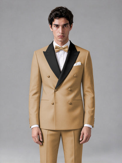 Men's Gold Double-Breasted Satin Peak Lapel Tuxedo Suit Set (Jacket + Trousers) - Gold