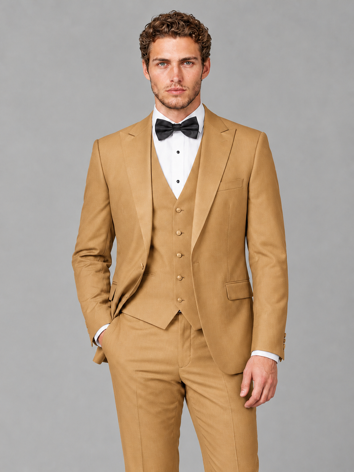 Savile Men's Gold Peak Lapel 3-Piece Tuxedo Suit | Jacket, Vest & Trousers - Gold