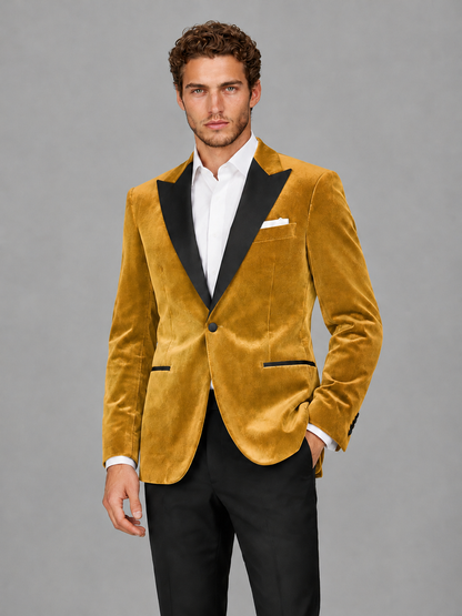 Savile Men's Gold Velvet Peak Lapel 2-Piece Tuxedo Suit Set | Jacket & Trousers - Gold