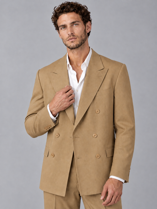 Savile Gold Beige Double-Breasted 2-Piece Suit with Peak Lapel - Gold