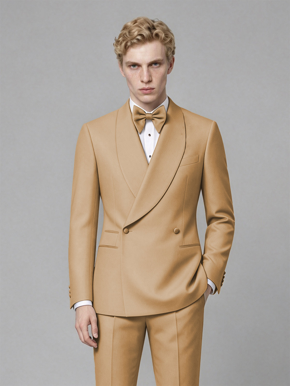 Men's Gold Single-Button Gold Satin Shawl Lapel Tuxedo Suit Set | Blazer & Trousers - Gold