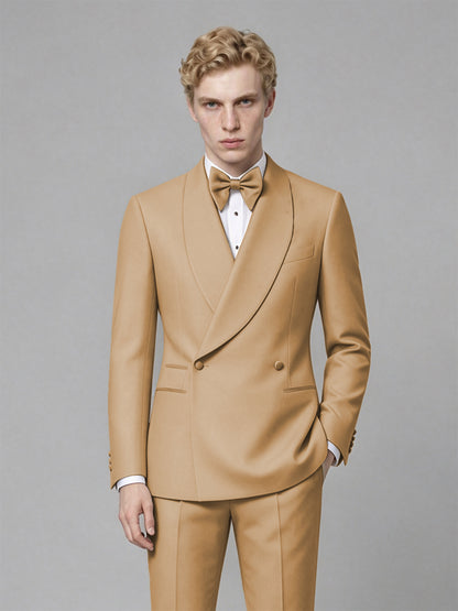 Men's Gold Single-Button Gold Satin Shawl Lapel Tuxedo Suit Set | Blazer & Trousers - Gold